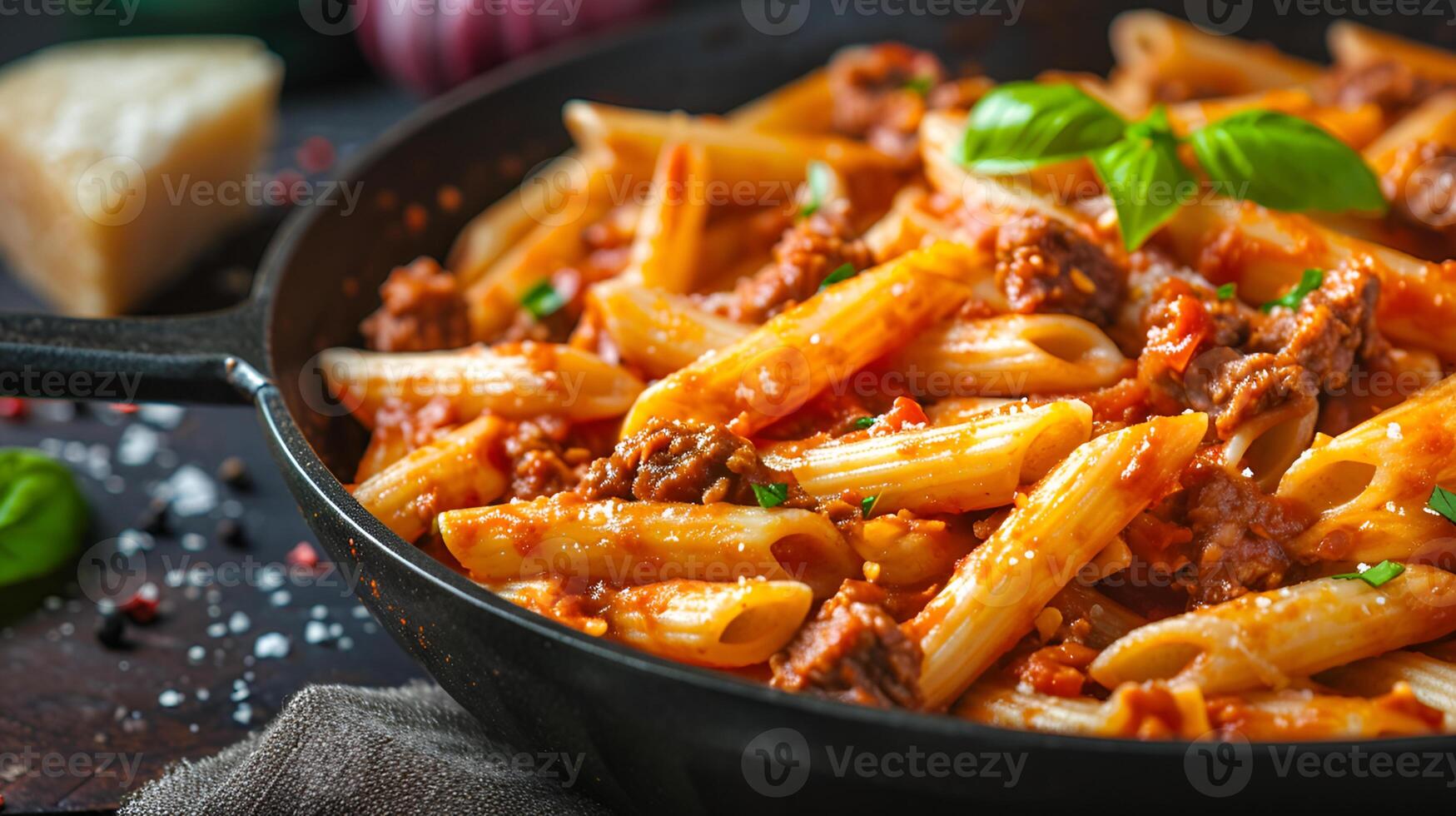 AI generated Beef penne pasta in tomato sauce in a black pan photo