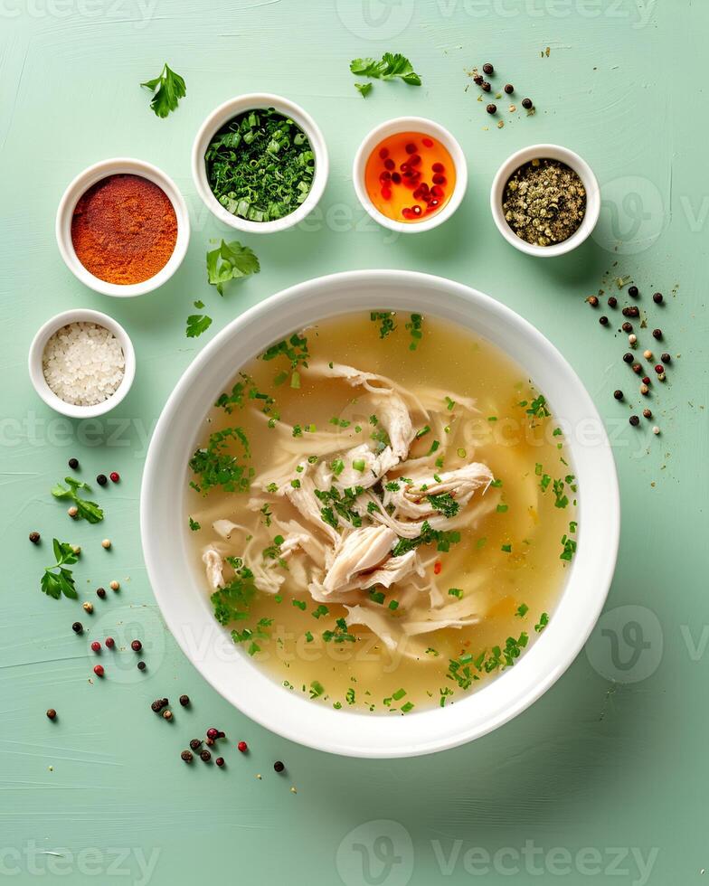 AI generated Chicken soup in a white bowl with small bowls of ingredients around it on a light green top table photo