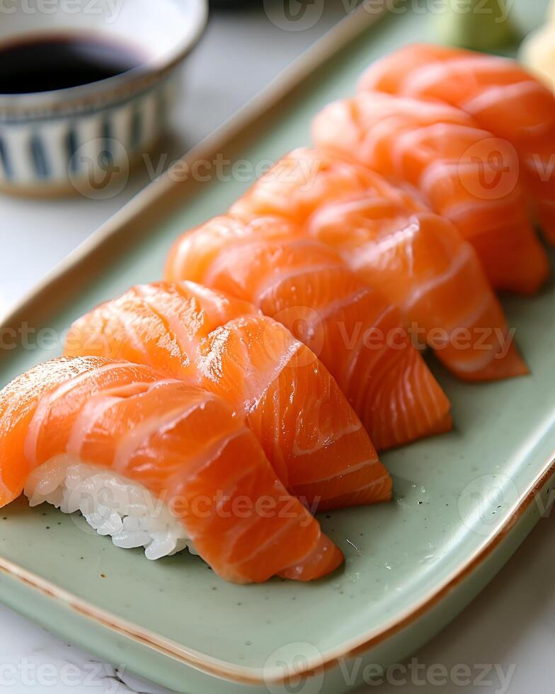 AI generated Salmon sushi is neatly arranged on a light green plate, The table used is white table top photo