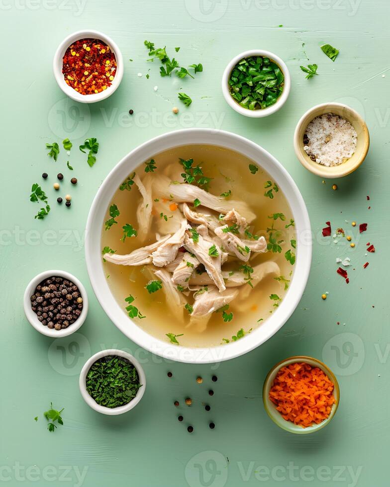 AI generated Chicken soup in a white bowl with small bowls of ingredients around it on a light green top table photo