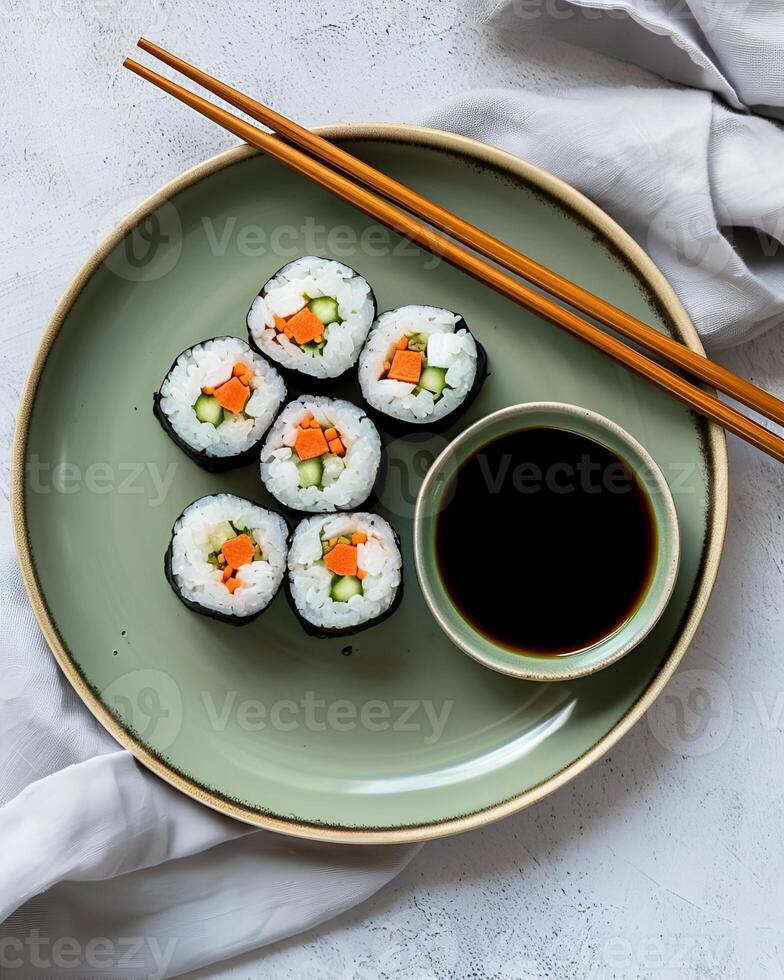 AI generated Futomaki sushi on a green plate with shoyuu in a small bowl, there are two chopsticks and a cloth, The table used is bright cement photo