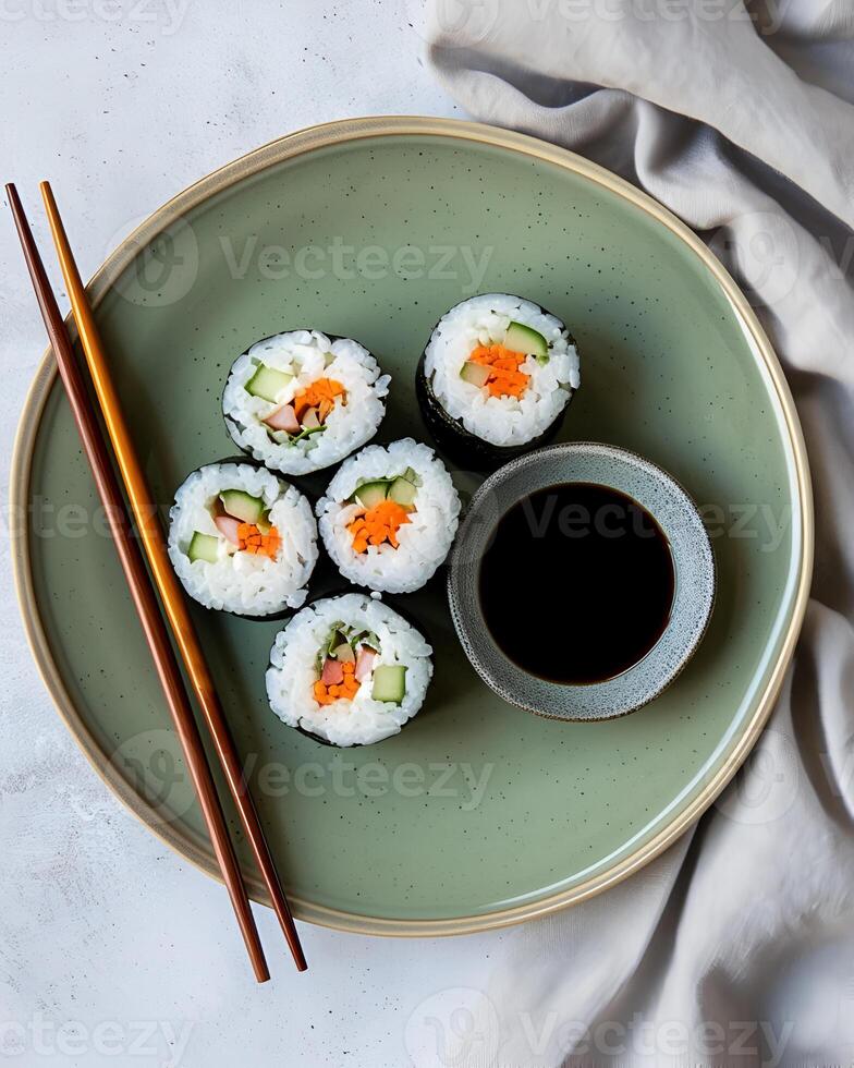 AI generated Futomaki sushi on a green plate with shoyuu in a small bowl, there are two chopsticks and a cloth, The table used is bright cement photo