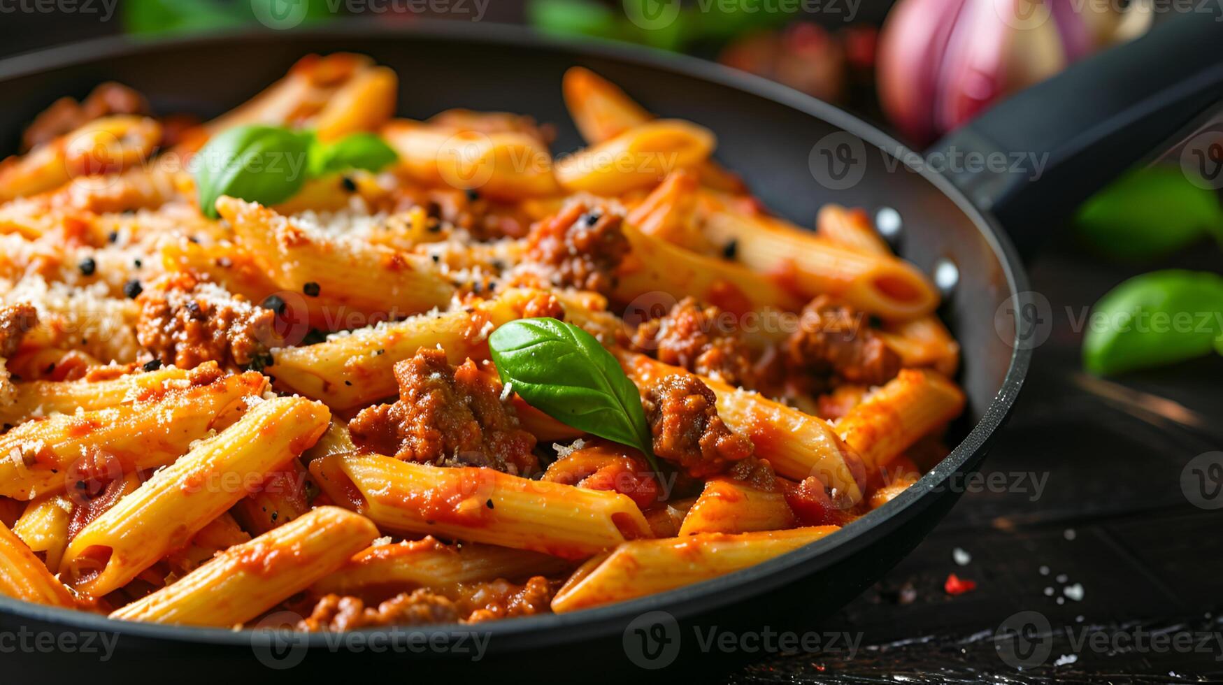 AI generated Beef penne pasta in tomato sauce in a black pan photo