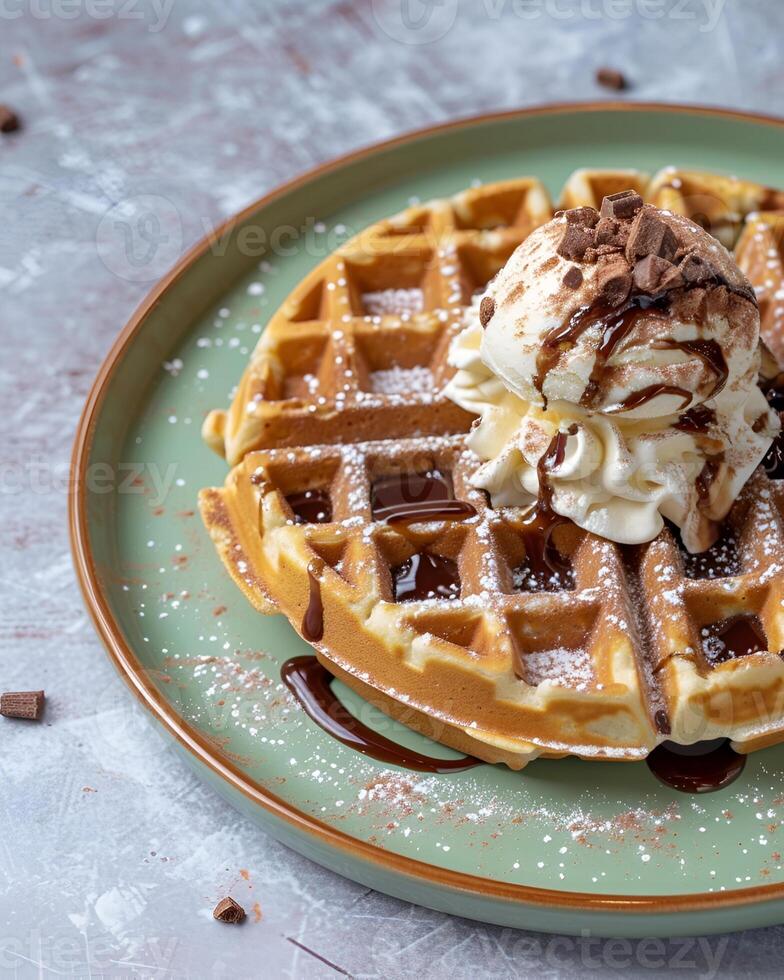 AI generated Waffle with ice cream and chocolate on top on a light green plate photo