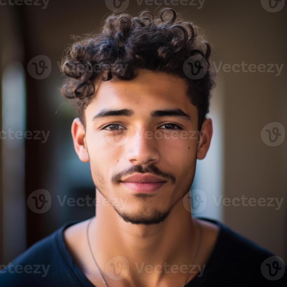 AI generated black curly haired Spanish 19 years old man photo