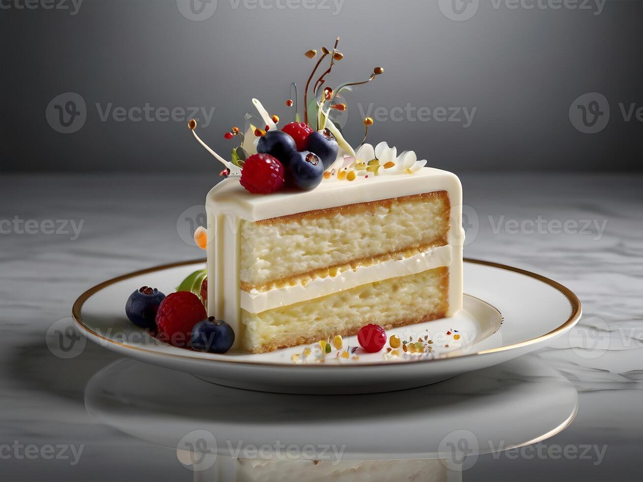 AI generated Slice of Layered vanilla cake with whipped cream and fresh berries on top, on a gray table background. Beautifully plated dessert restaurant dish. photo