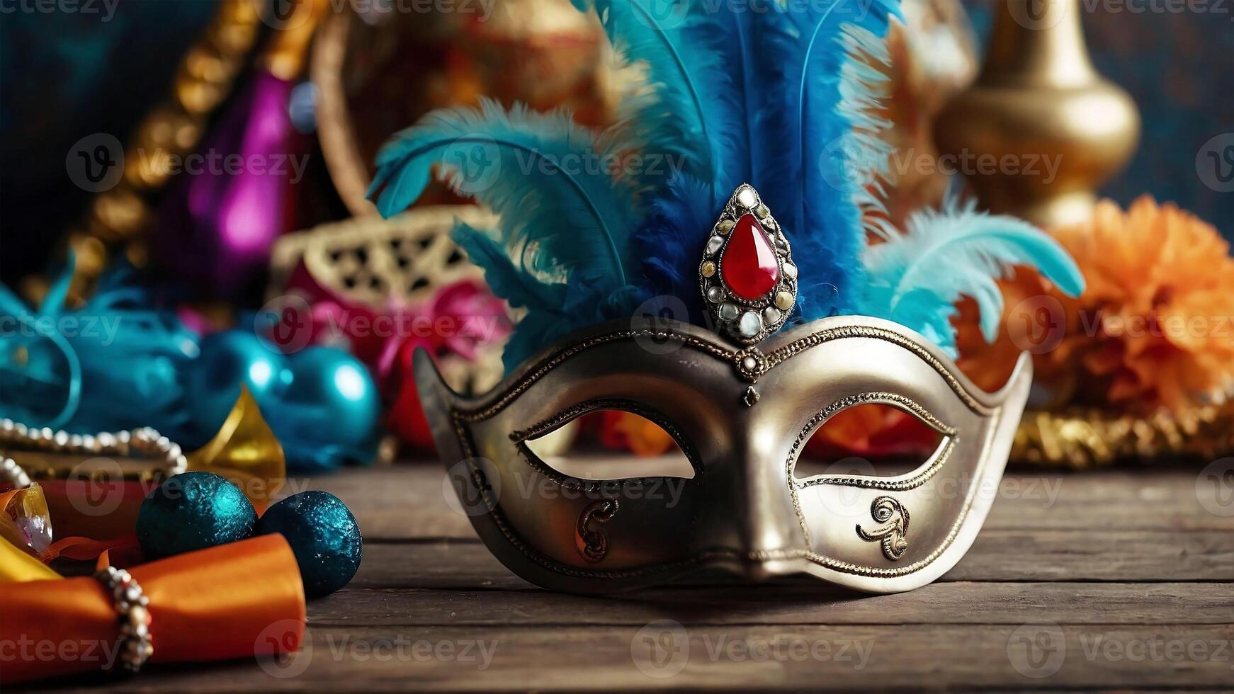 Carnival mask and decoration on wooden background, with copy space, Mardi Gras carnival celebration. Ai Generated. photo