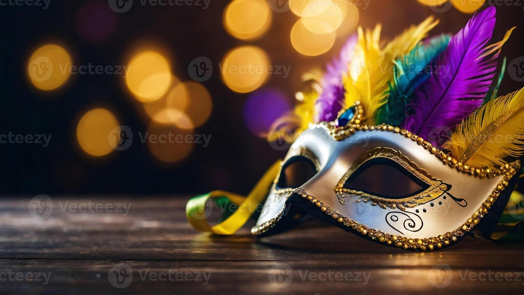 Mardi Gras carnival mask with feather on dark background, with copy space. Ai Generated. photo