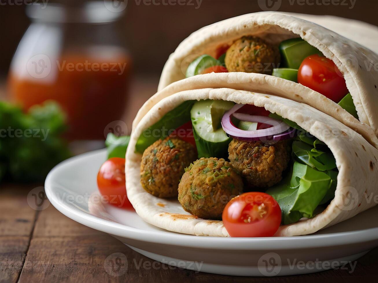 AI generated Falafel and fresh vegetables in pita bread on wooden table photo