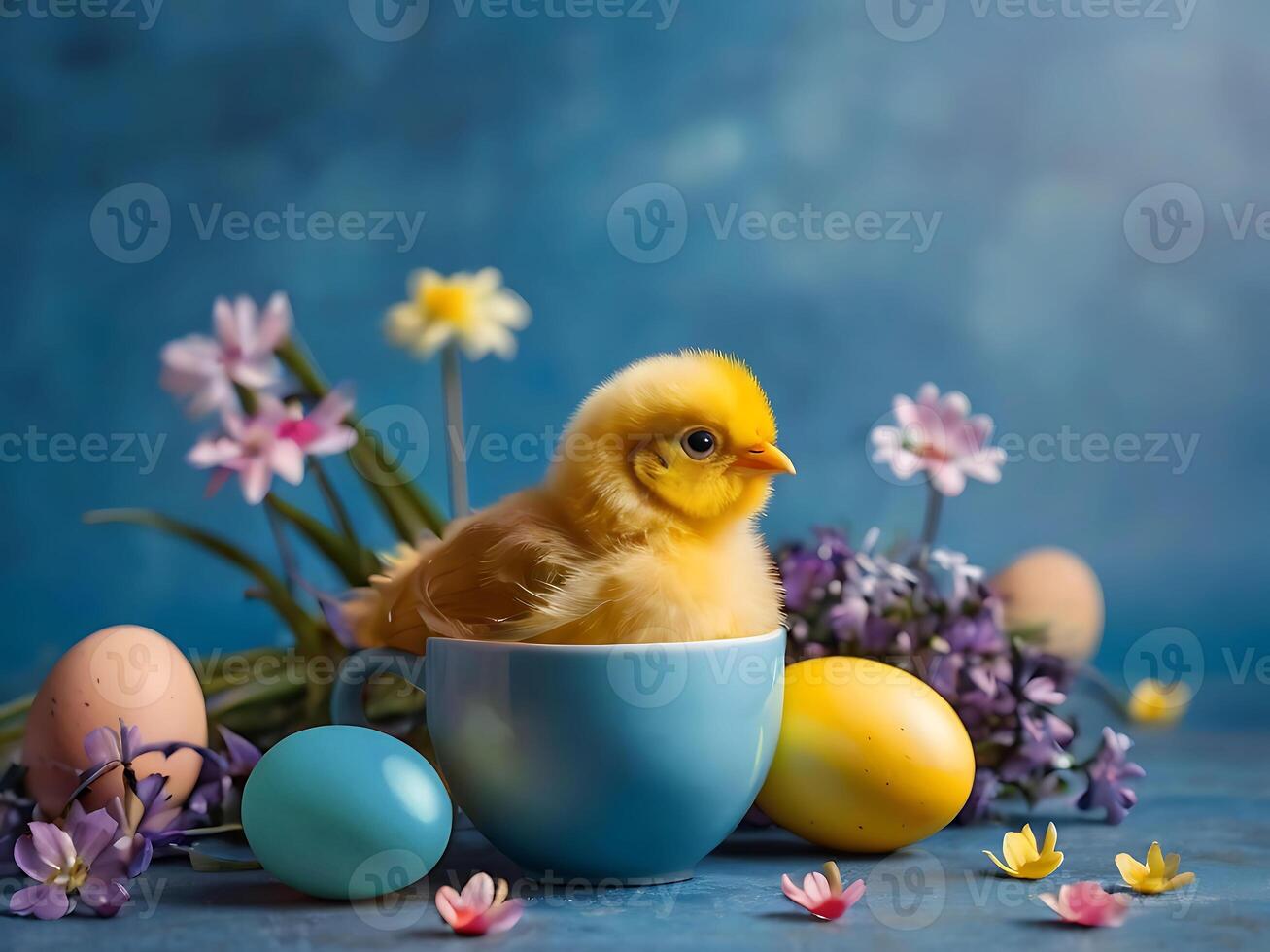 AI generated Easter chick in tea cup on blue background with Easter eggs and spring flowers. AI Generated. photo