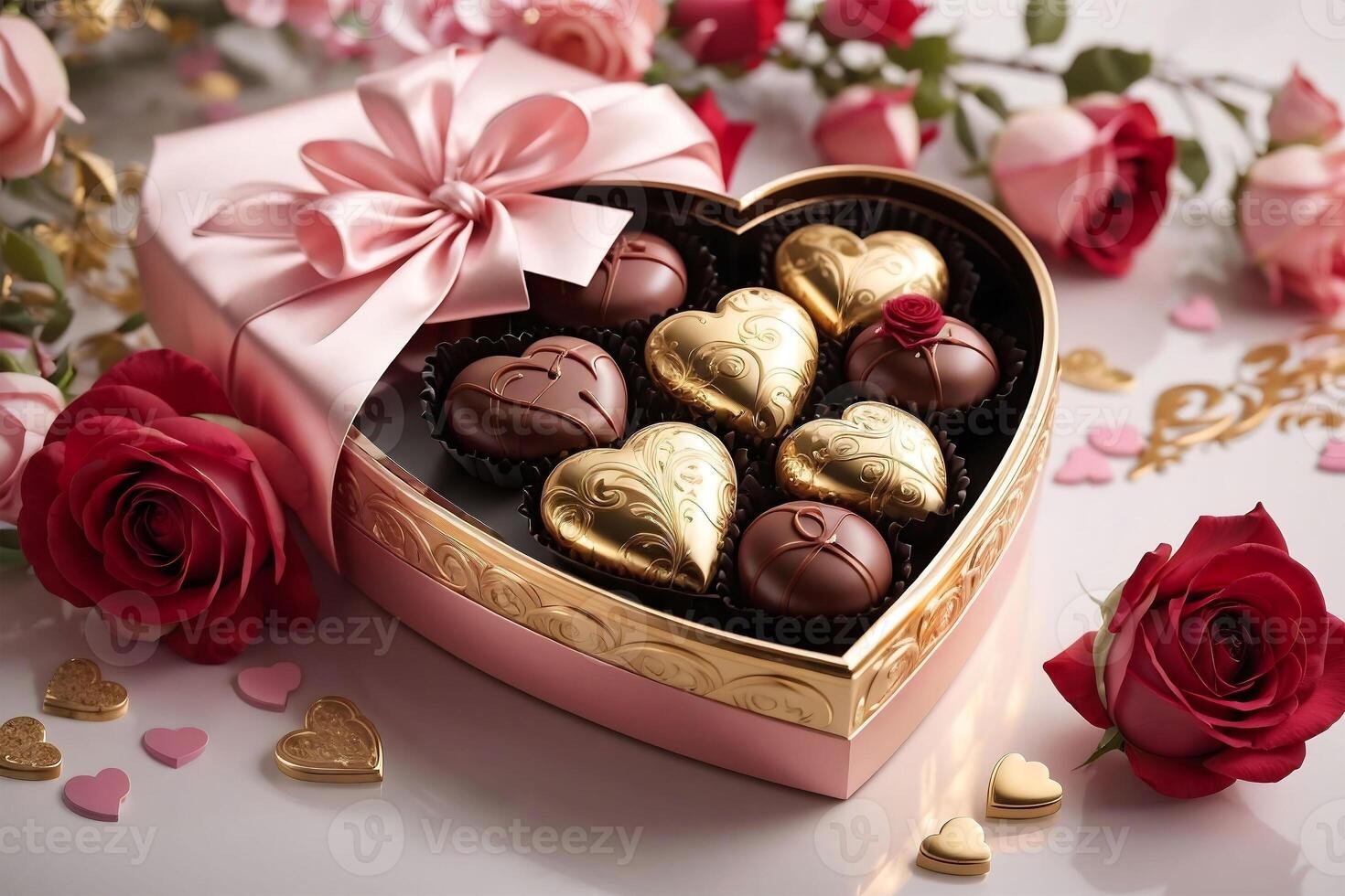 AI generated Valentine's Day Heart-Shaped Gift Box of Chocolates and Red Roses. AI Generated. photo