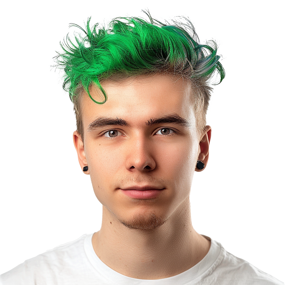 ai généré portrait de une homme avec vert cheveux isolé sur transparent Contexte png