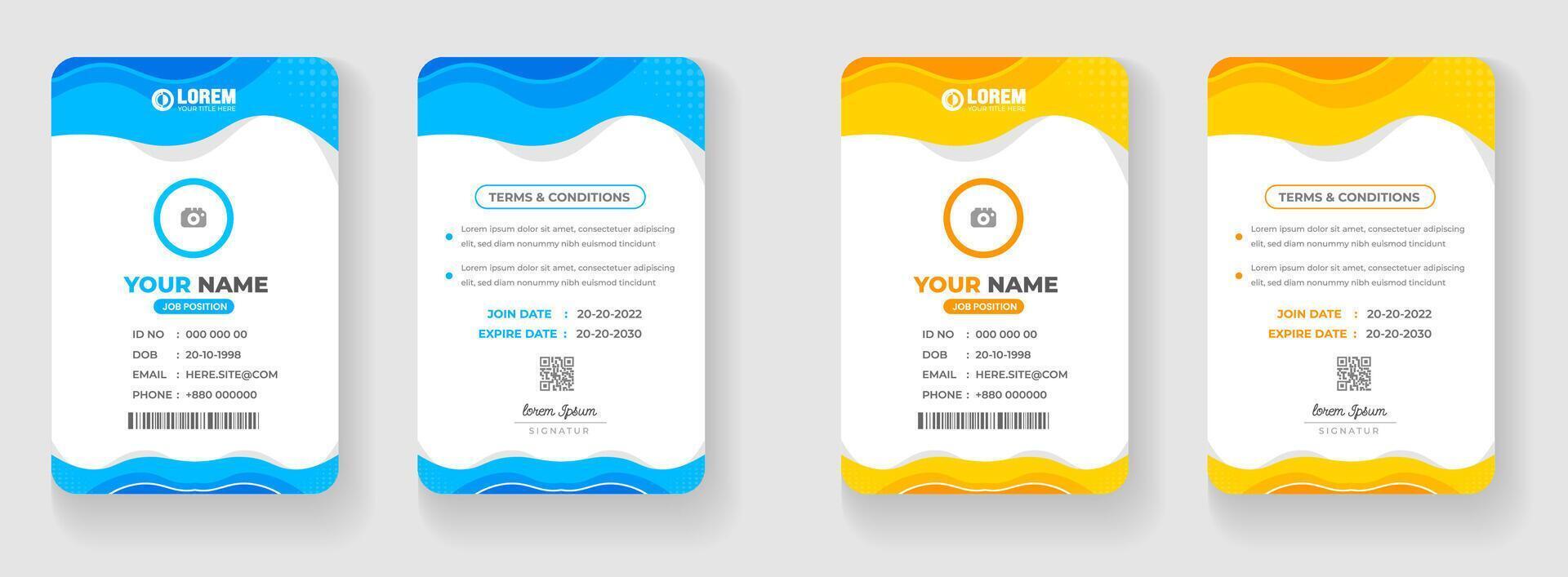 corporativo negocio oficina carné de identidad tarjeta diseño conjunto con azul y amarillo color. vector