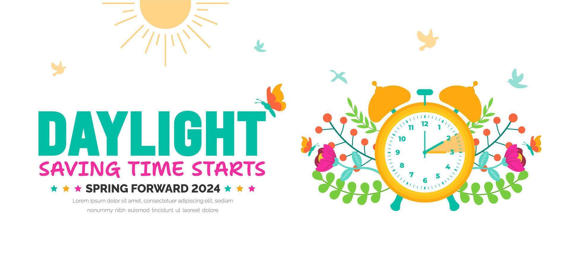 Spring Forward concept 2024 banner. Daylight Saving Time Starts background with cartoon doodle style with funny clock flower. schedule of changing clocks at march 10, 2024. Spring Forward clock banner vector