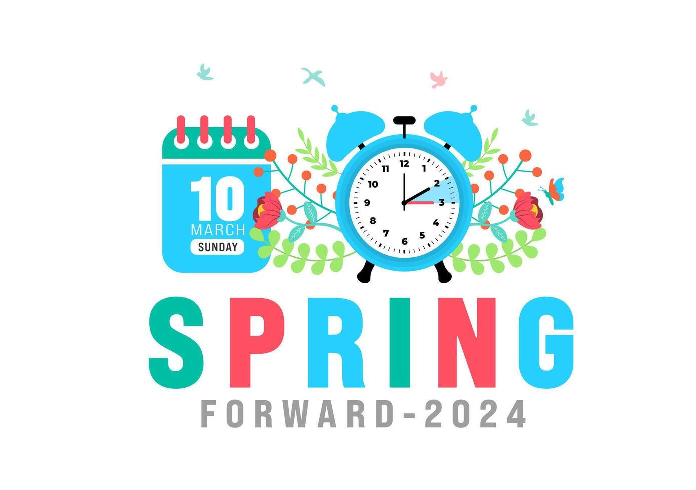 Spring Forward concept 2024 banner. Daylight Saving Time Starts background with cartoon doodle style with funny clock flower. schedule of changing clocks at march 10, 2024. Spring Forward clock banner vector