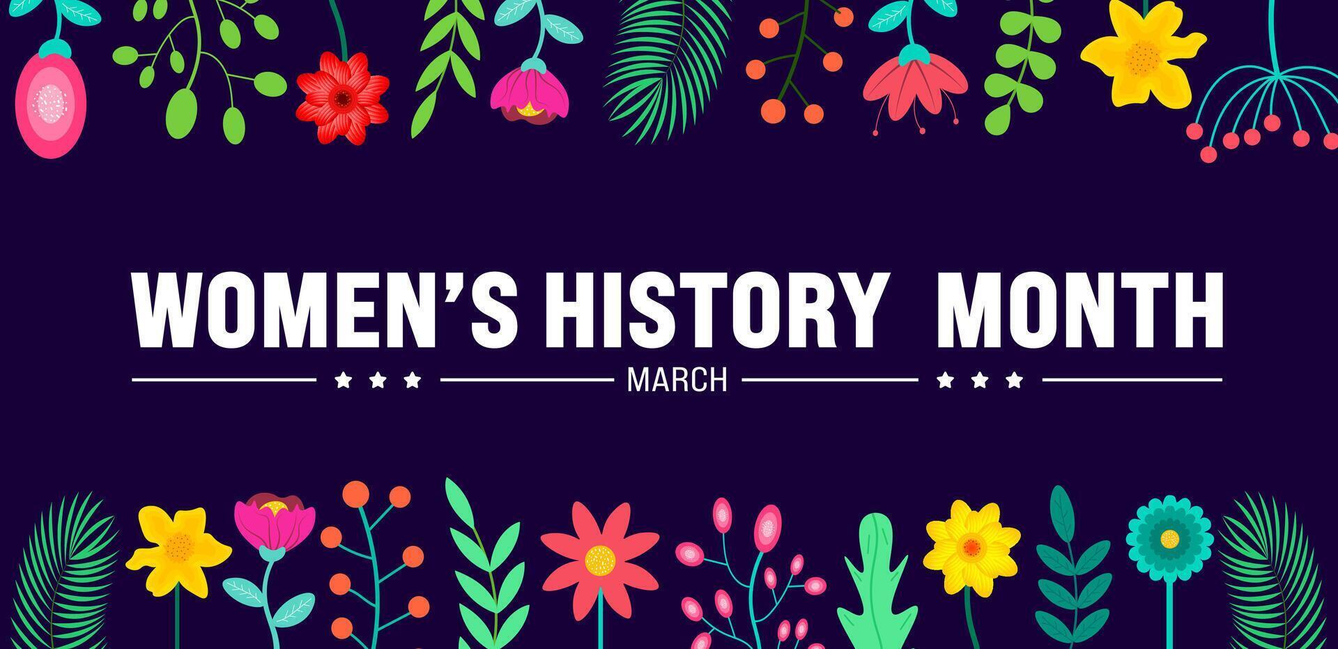 marzo es De las mujeres historia mes antecedentes modelo con flor y mujer vector y mujer icono firmar diseño. utilizar a fondo, bandera, cartel, tarjeta, y póster diseño modelo. vector ilustración.