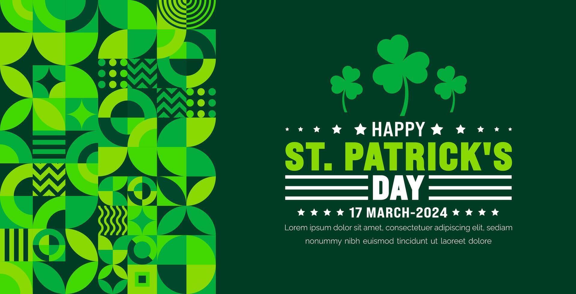 17 March is Happy St. Patrick's day geometric shape pattern  background with green leaves background template. St Patrick day or saint Patrick day 2024 banner. vector