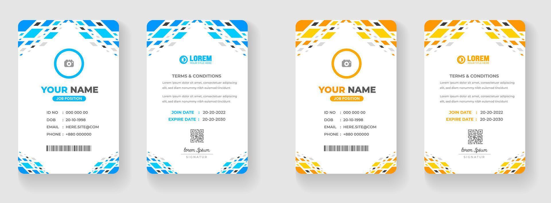 corporativo negocio oficina carné de identidad tarjeta diseño conjunto con azul y amarillo color. vector