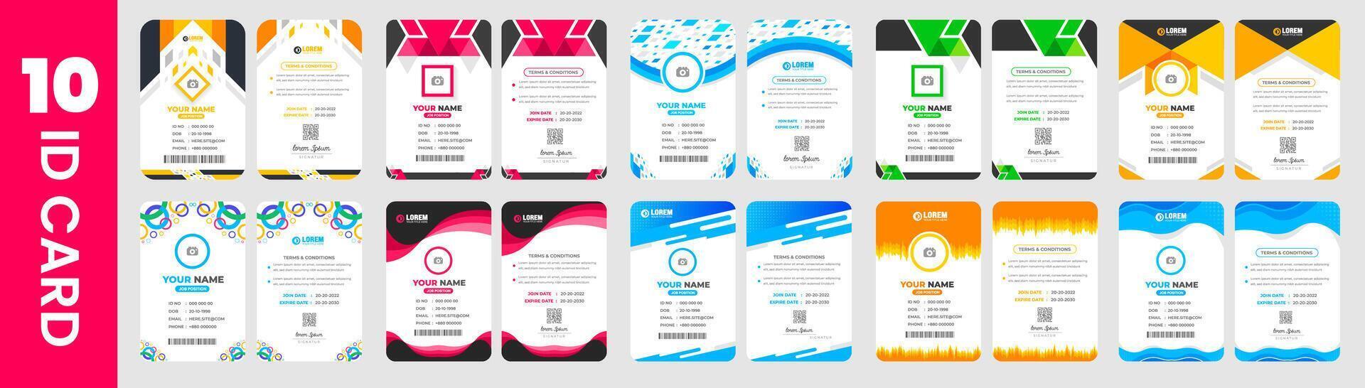 big mega Set of 10 corporate Modern office Identity Card or elegant business company id card design template. double sided business Company employee  id card design template bundle. vector