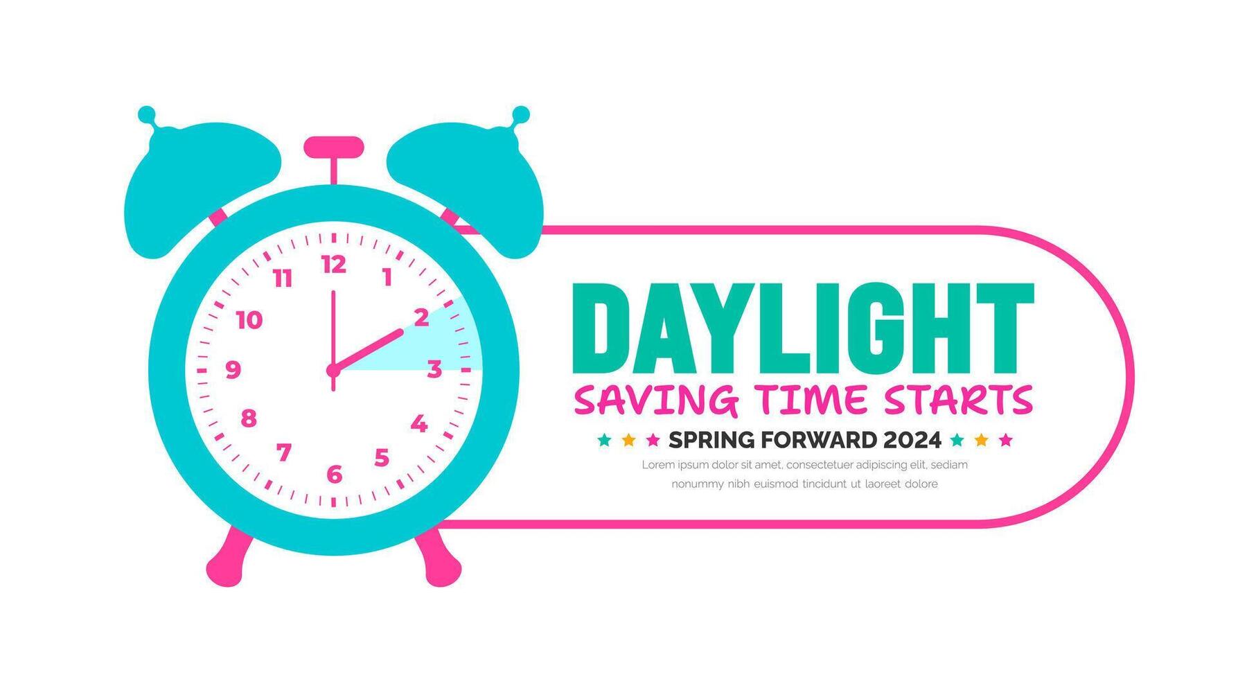 Spring Forward concept 2024 banner. Daylight Saving Time Starts background with cartoon doodle style with funny clock flower. schedule of changing clocks at march 10, 2024. Spring Forward clock banner vector