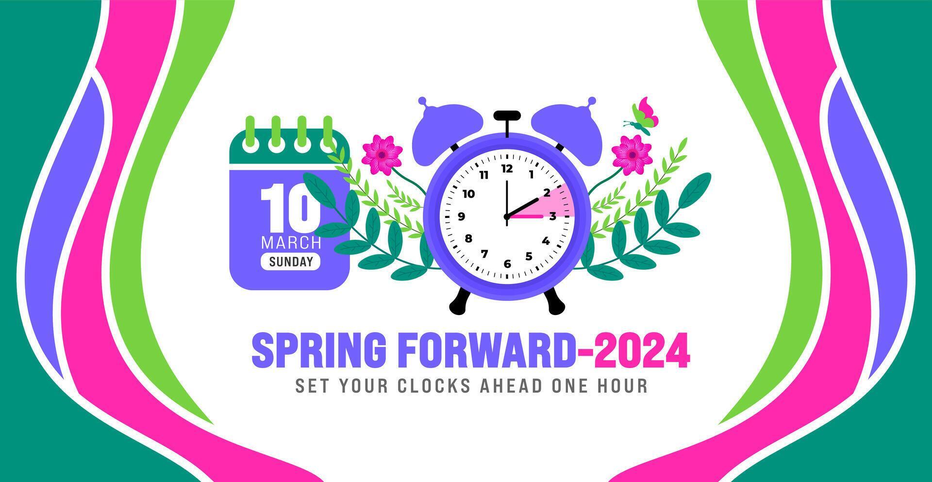 Spring Forward concept 2024 banner. Daylight Saving Time Starts