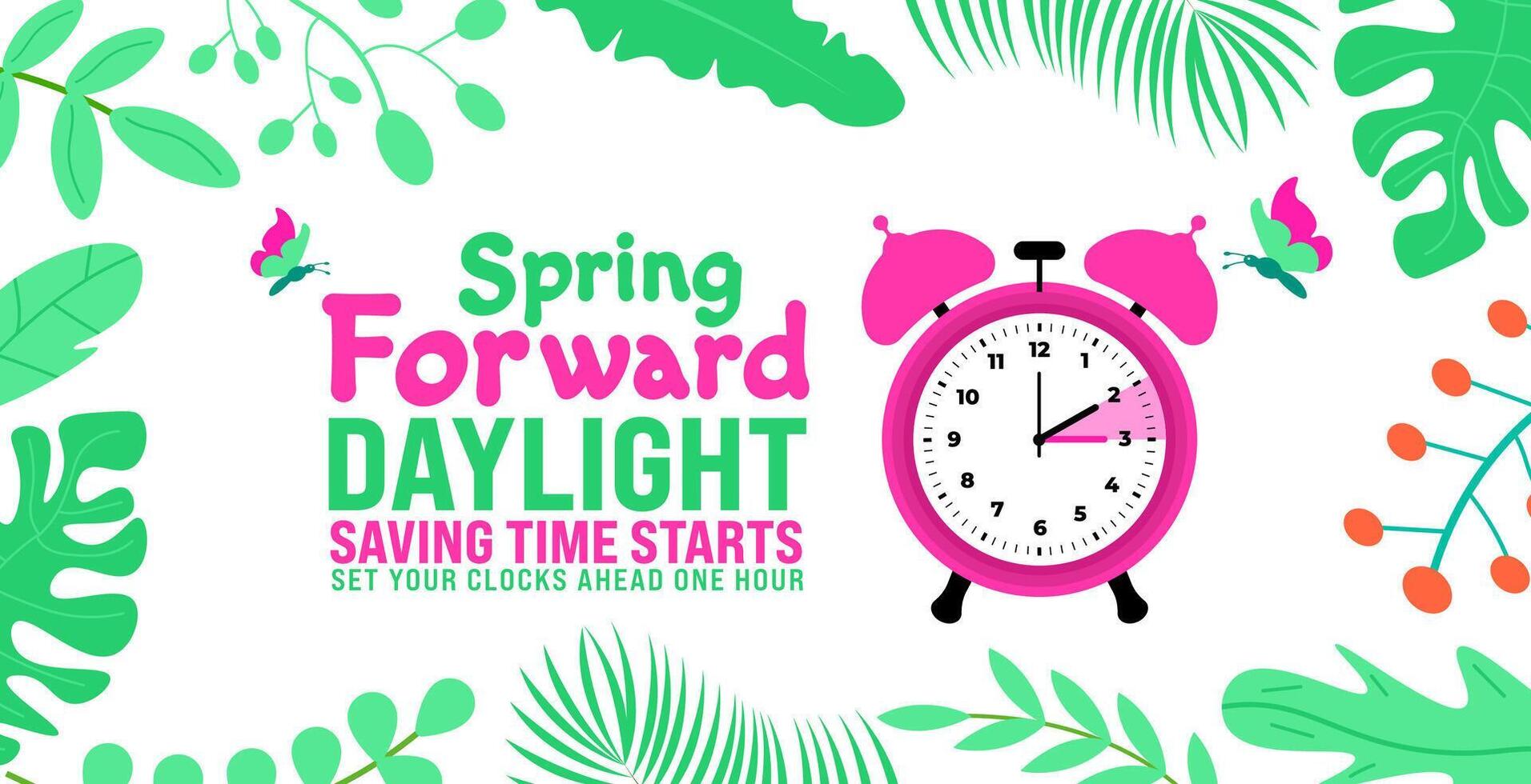 Spring Forward concept 2024 banner. Daylight Saving Time Starts background with cartoon doodle style with funny clock flower. schedule of changing clocks at march 10, 2024. Spring Forward clock banner vector