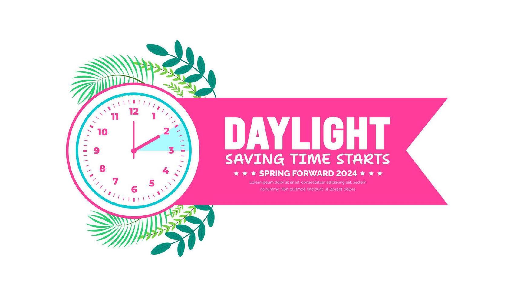 Spring Forward concept 2024 banner. Daylight Saving Time Starts background with cartoon doodle style with funny clock flower. schedule of changing clocks at march 10, 2024. Spring Forward clock banner vector