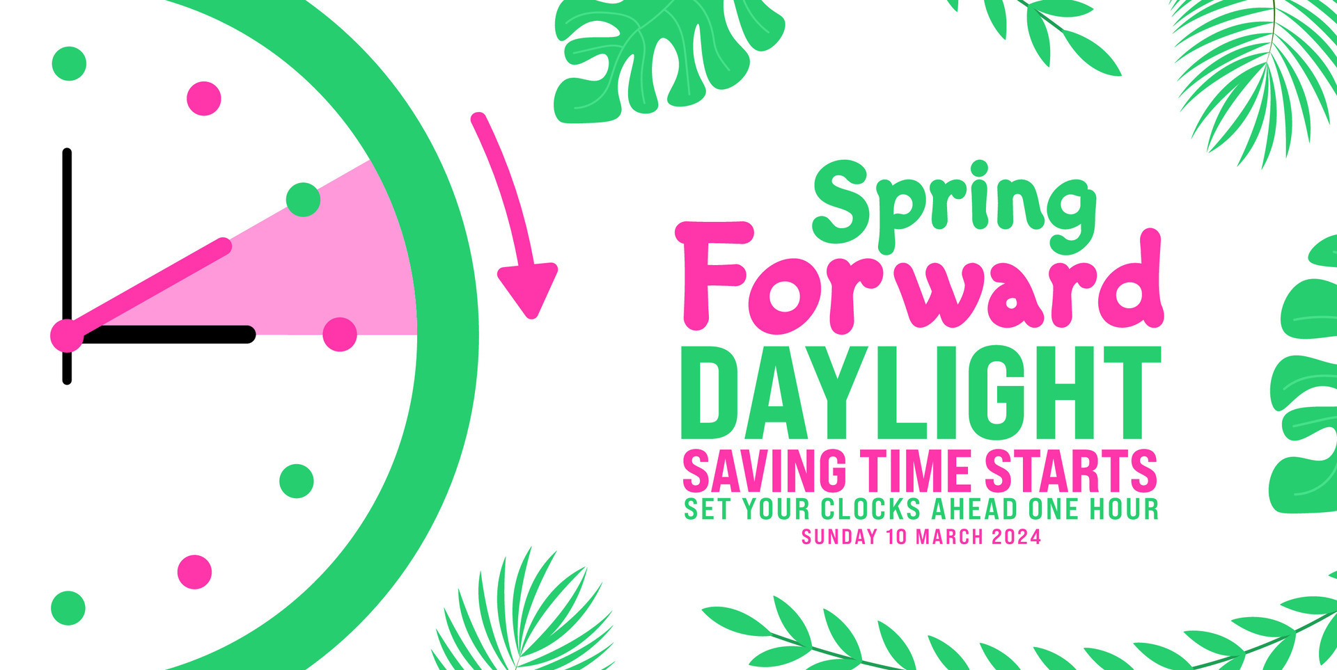 Spring Forward concept 2024 banner. Daylight Saving Time Starts background with cartoon doodle