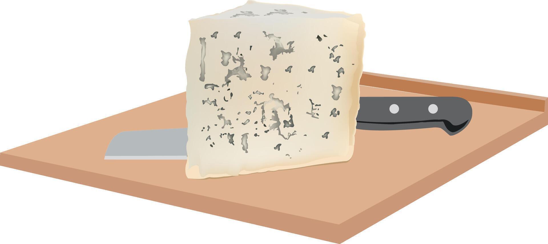 Blue cheese and knife on wooden board vector