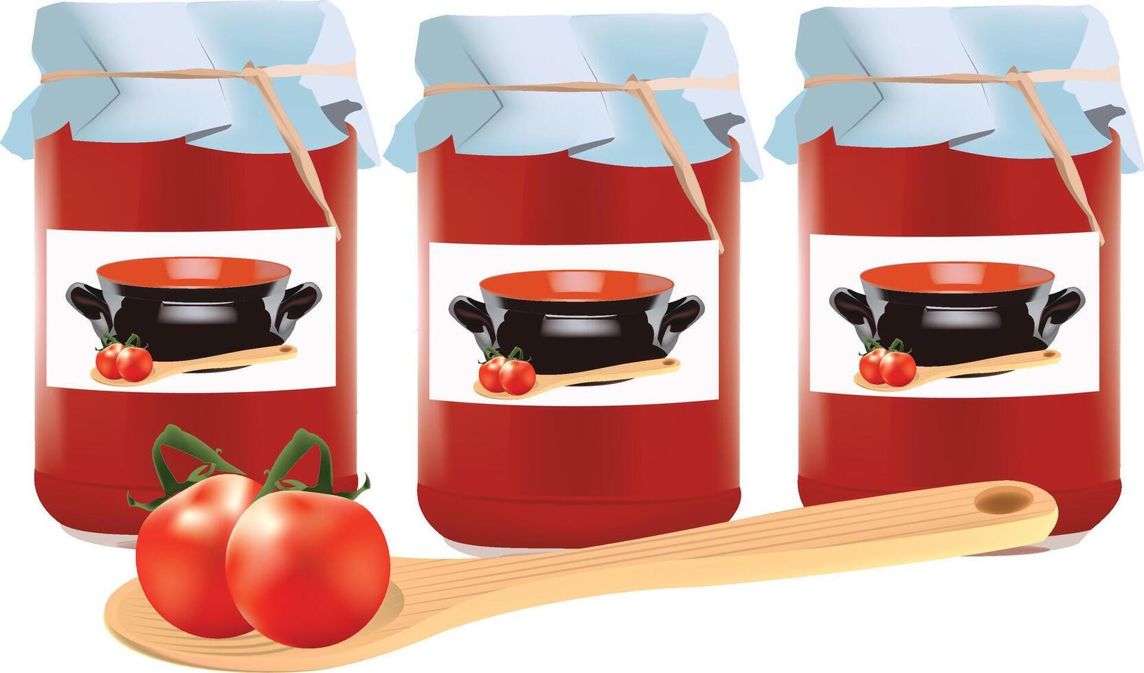 Tomato sauce jars and cooking utensils illustration vector