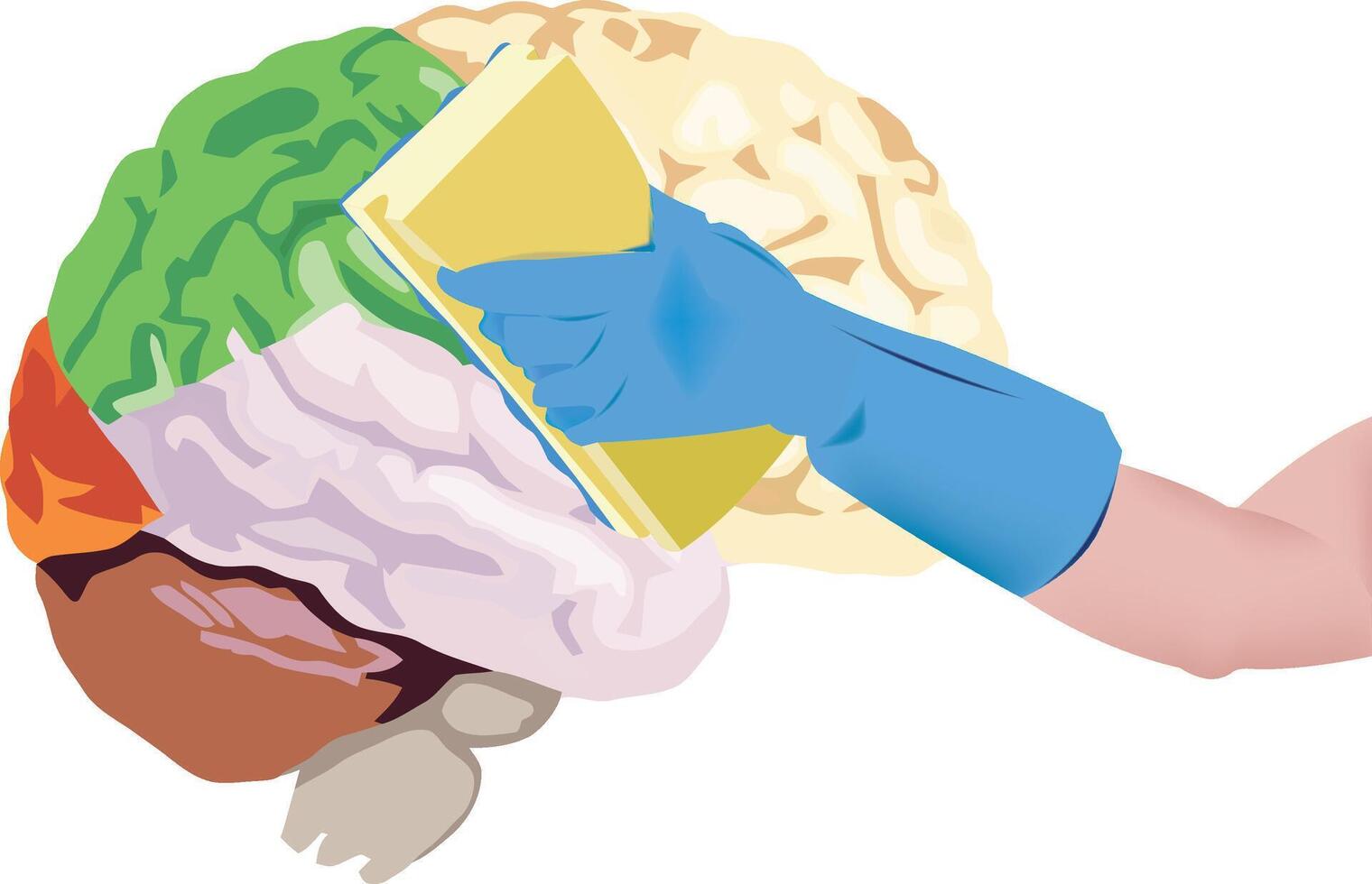 human hand polishing and cleaning a stylized brain vector