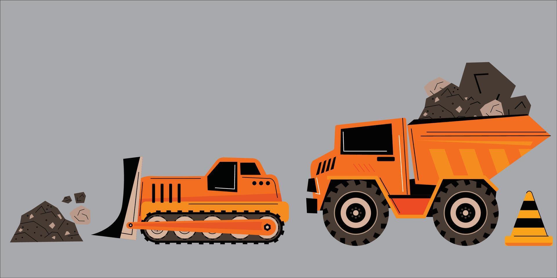 construction vehicles, building roads, bulldozers and material transport trucks. flat vector illustration.