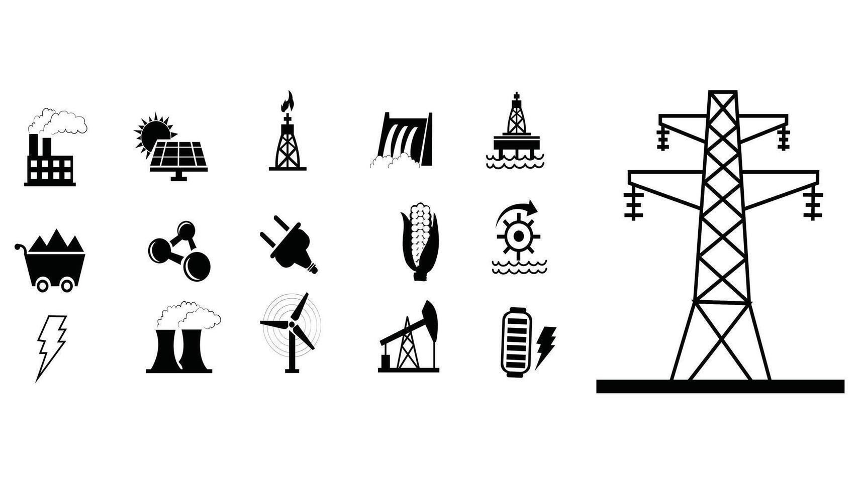 Energy generating station. Power plant flat line icons set. Vector illustration of alternative renewable energy sources including solar, wind, hydro, tidal, geothermal and biomass power