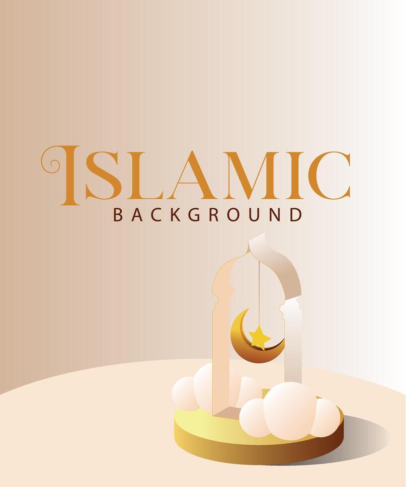 Islamic banner background with crescent moon, lantern and gate in gold and white. vector illustration