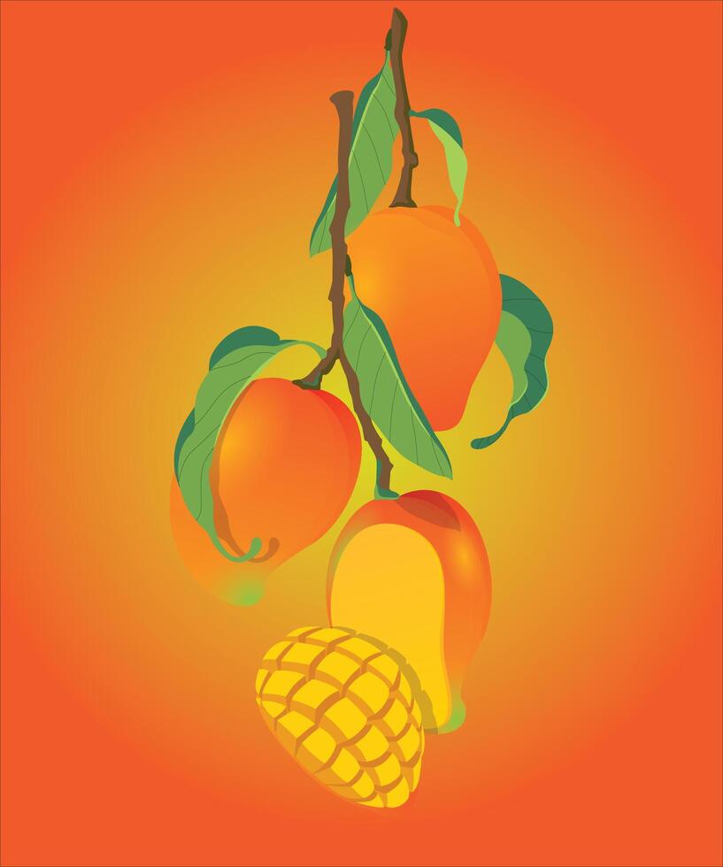 Hanging mango design element, mango sliced in 3d illustration vector