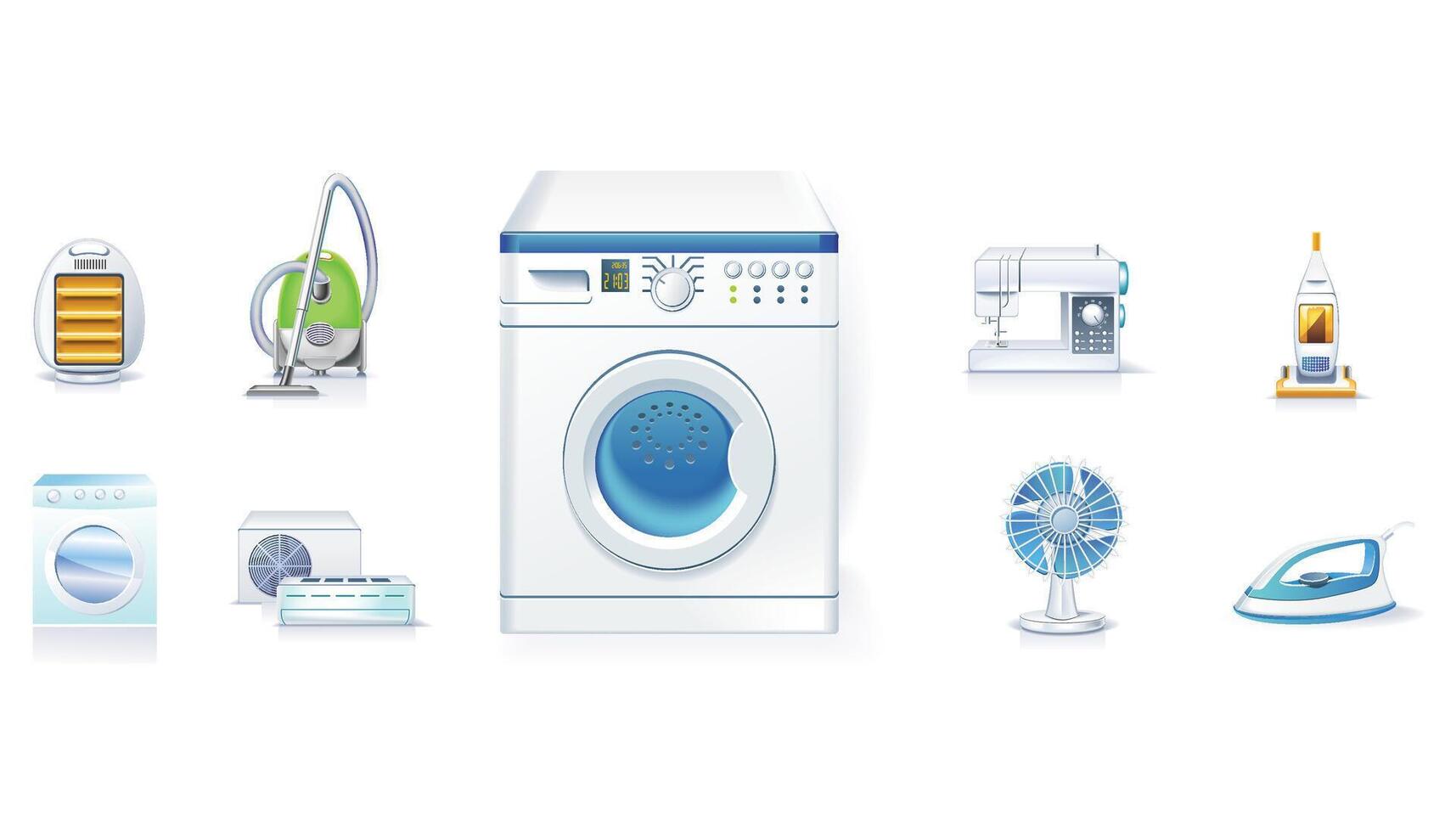 Home appliances banner with vector flat icons of sewing machine, iron, vacuum cleaner, fan, washing machine, etc.