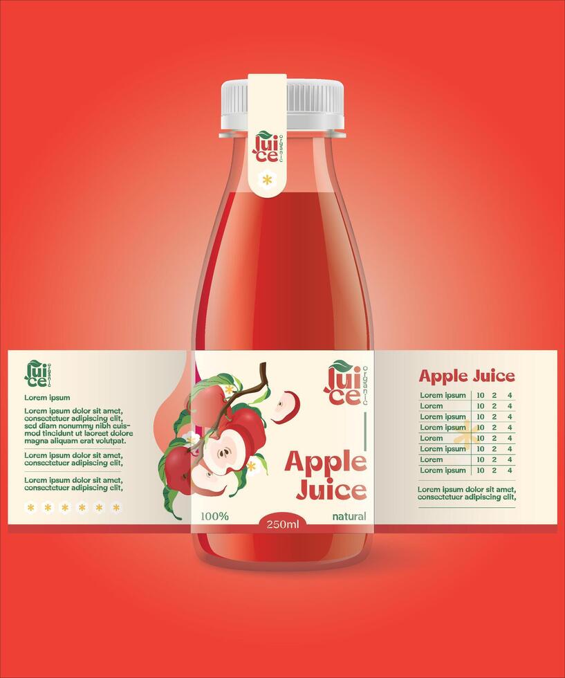 manzana jugo en vaso botella. rojo manzana. vector ilustración en 3d estilo. con un etiqueta Listo a ser comercializado