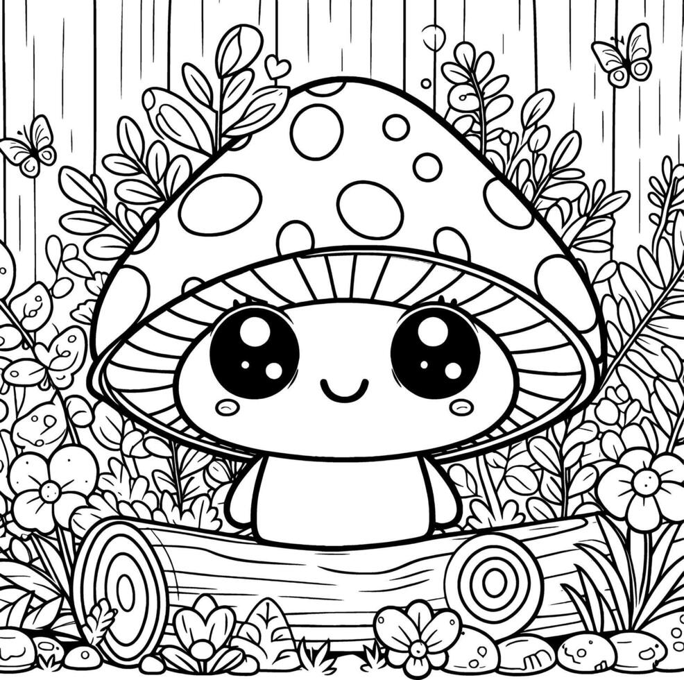 A charming coloring page featuring a cute mushroom, complete with a sweet smile and twinkling eyes. It invites you to color it with cheerful and creative hues vector