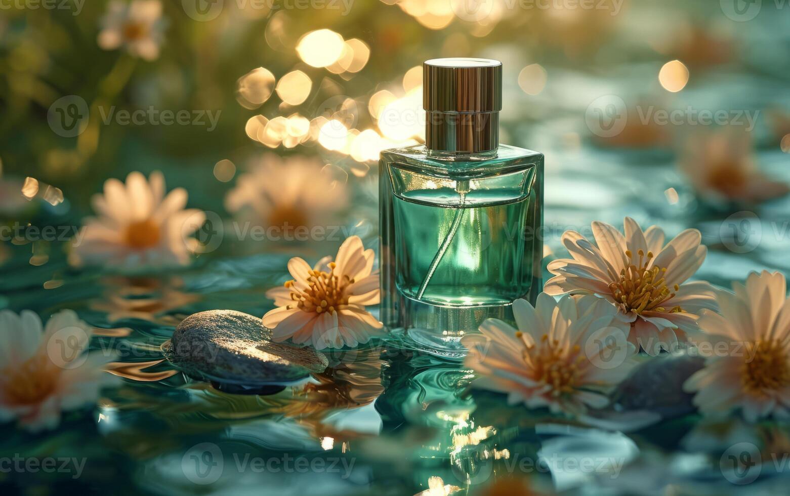 AI generated Green Perfume Bottle Amidst Floral Water photo