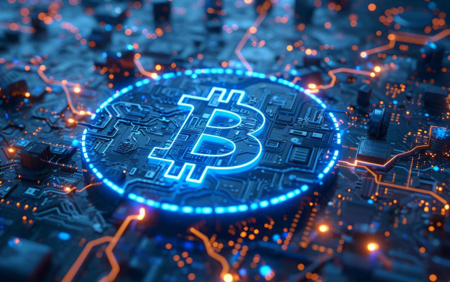 AI generated Glowing Bitcoin on Circuit Board Background photo