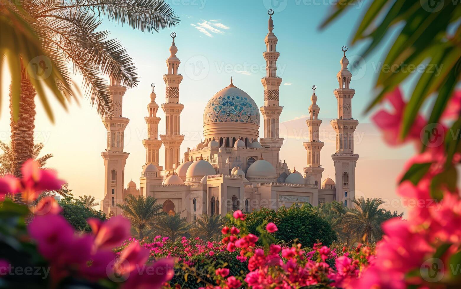 AI generated Luxuriant Garden and Noble Mosque at the Crack of Dawn photo