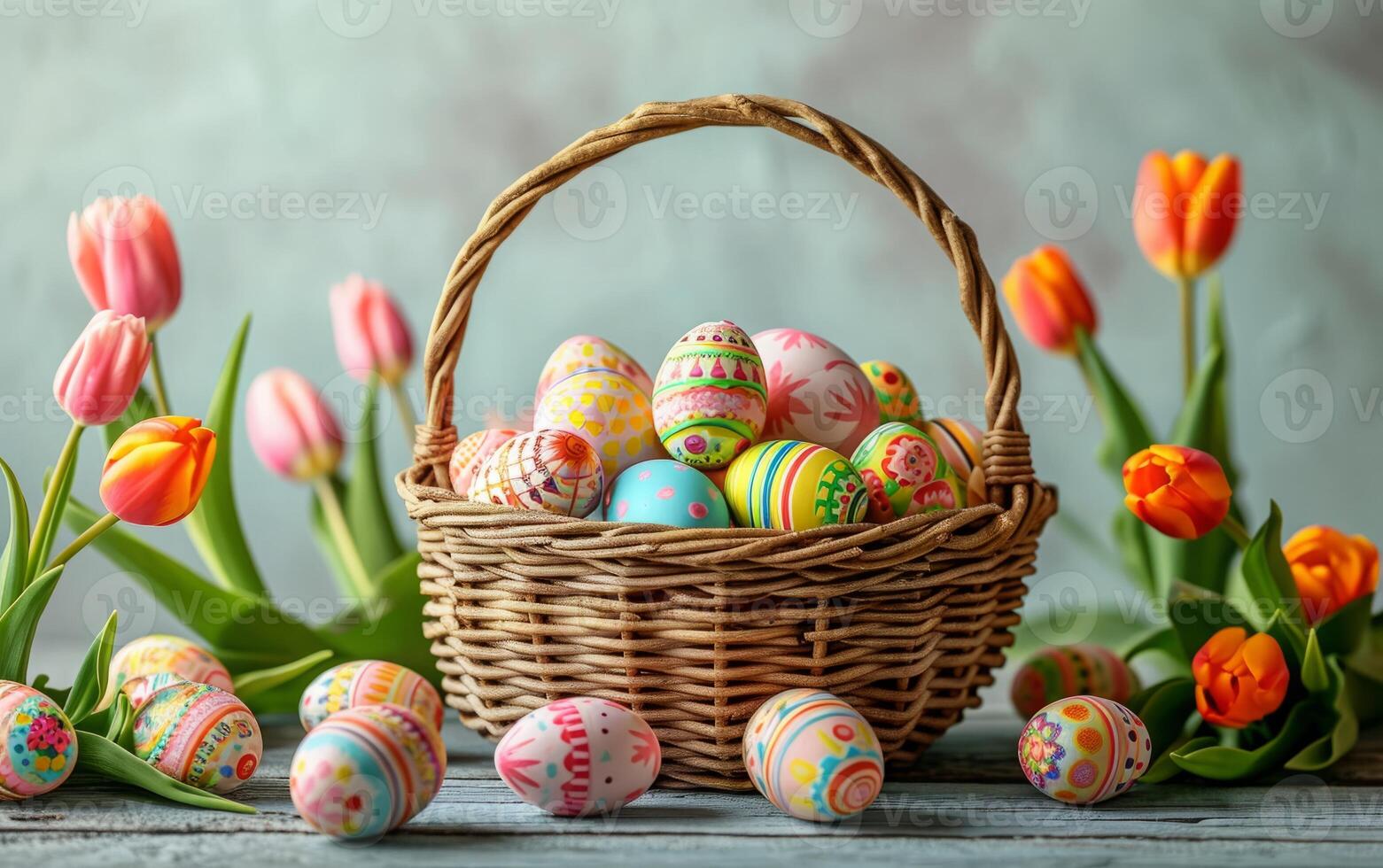 AI generated Tulips and Colorful Easter Eggs in a Wicker Basket photo