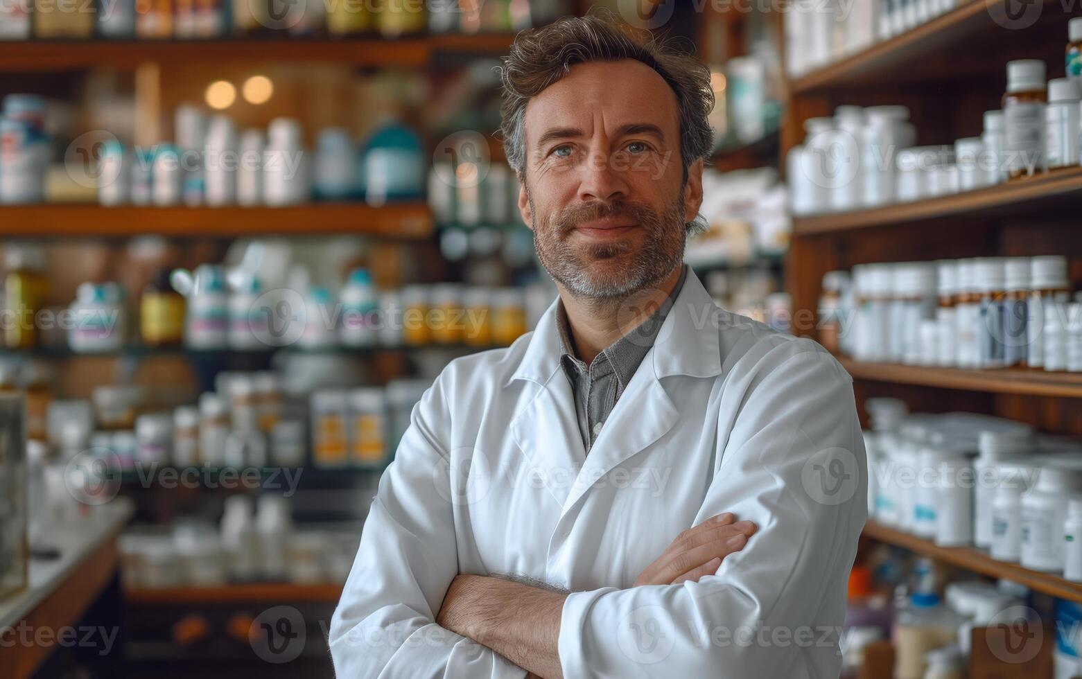 ai generado sonriente masculino farmacéutico en blanco Saco foto