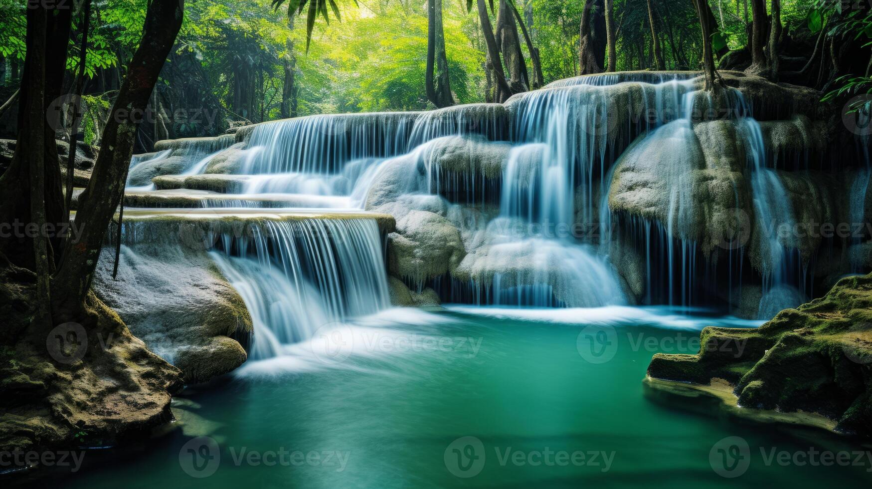 ai generado encantador cascada en lozano tropical bosque foto