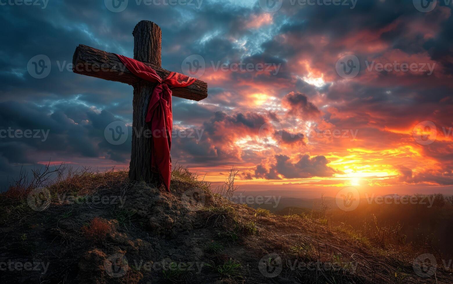 AI generated A steadfast wooden cross appears against the dynamic and colorful sunset sky photo