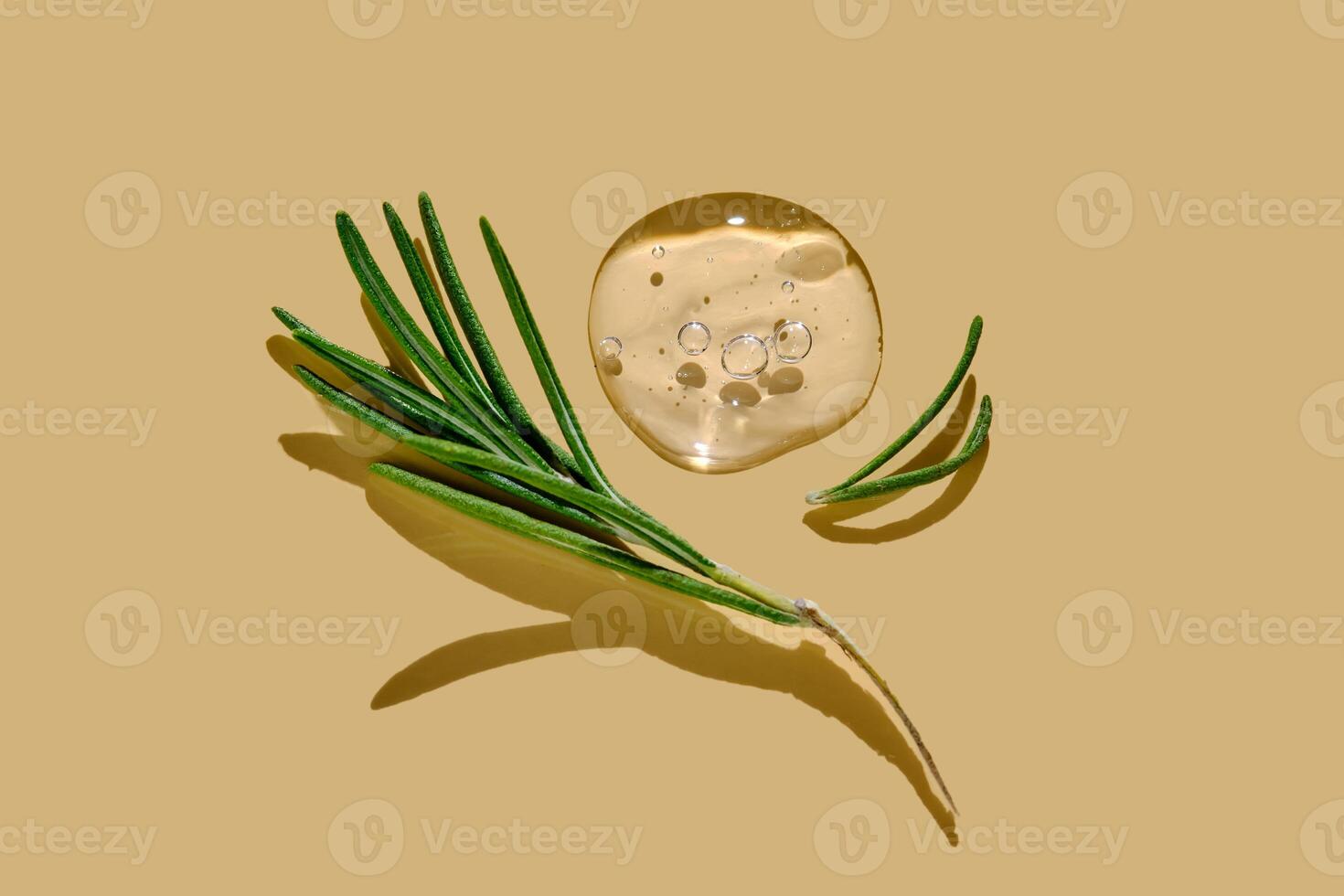 Drops of serum and a branch of fresh rosemary on a beige nude background. photo