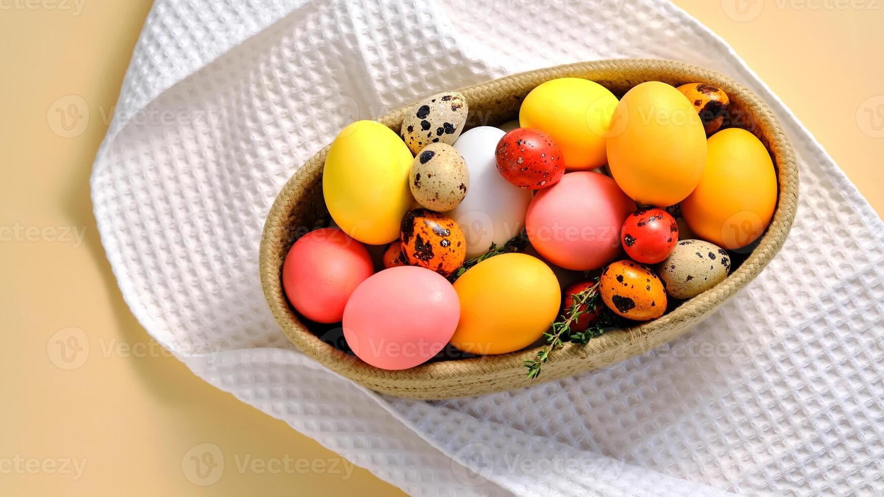 Easter colored eggs in a wicker basket. Easter composition. photo