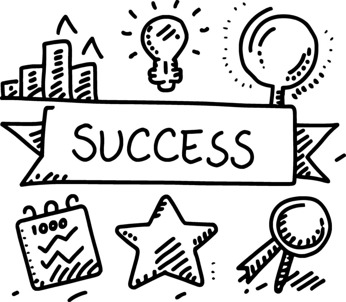 Success concept icons. Hand drawn doodle vector illustration. Isolated on white background.