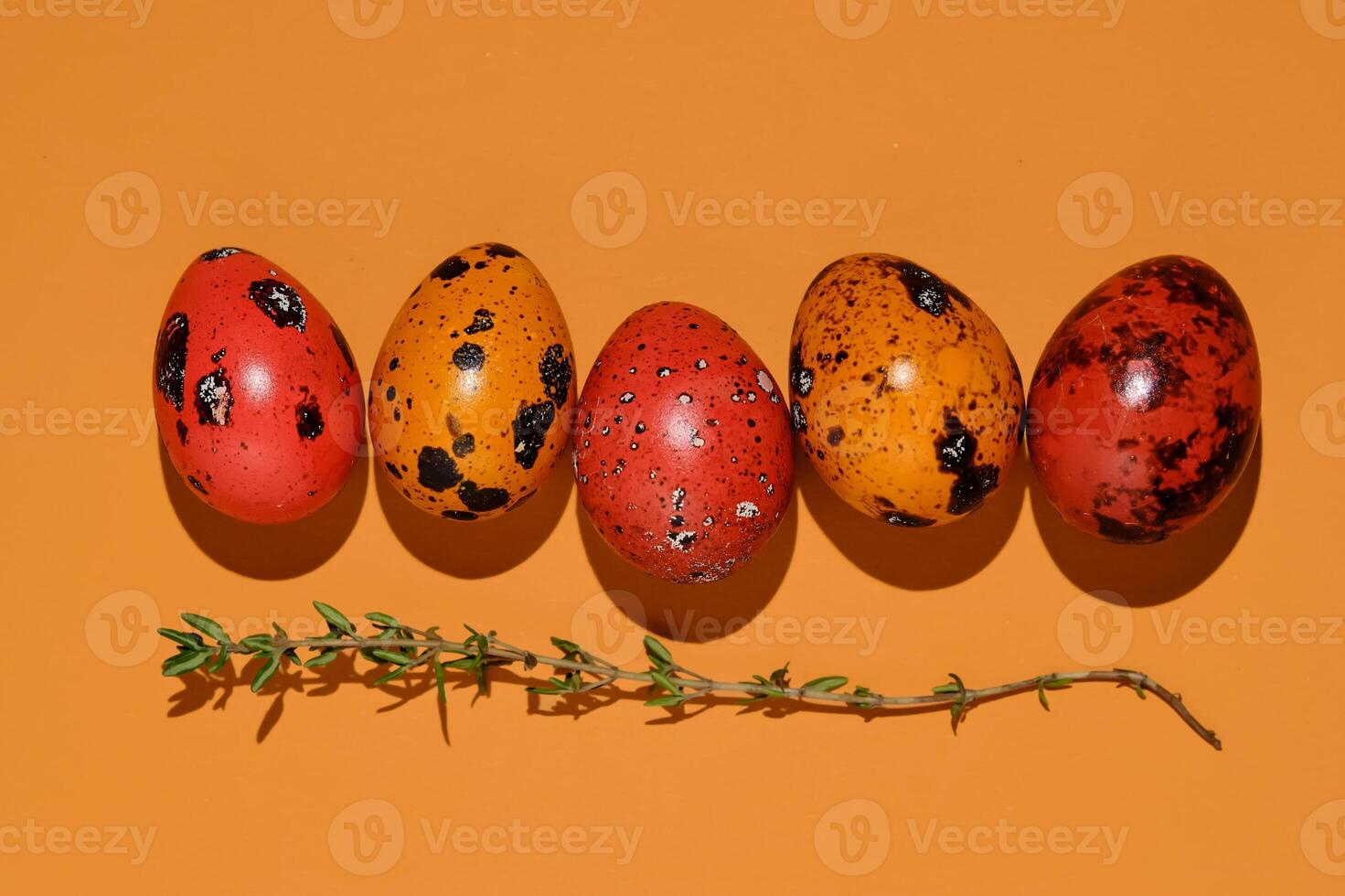 Easter composition of quail eggs and grass on a red brick background. photo