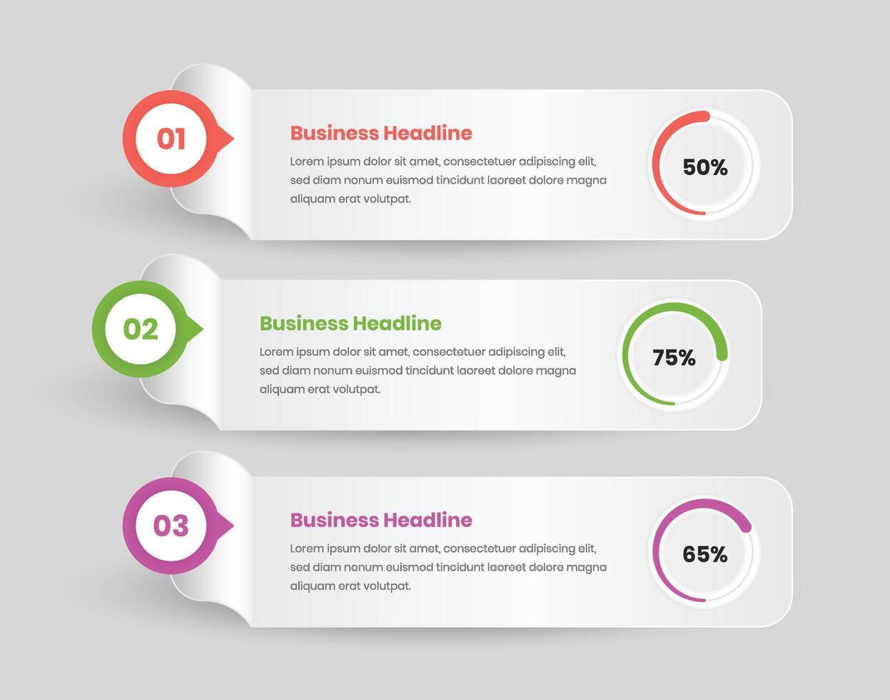 Three steps minimalist modern infographic template with circular progress graph and percent vector